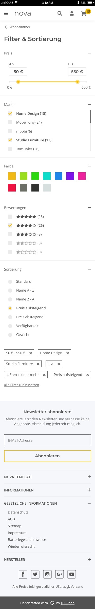 Volle Darstellung der NOVA-Filter