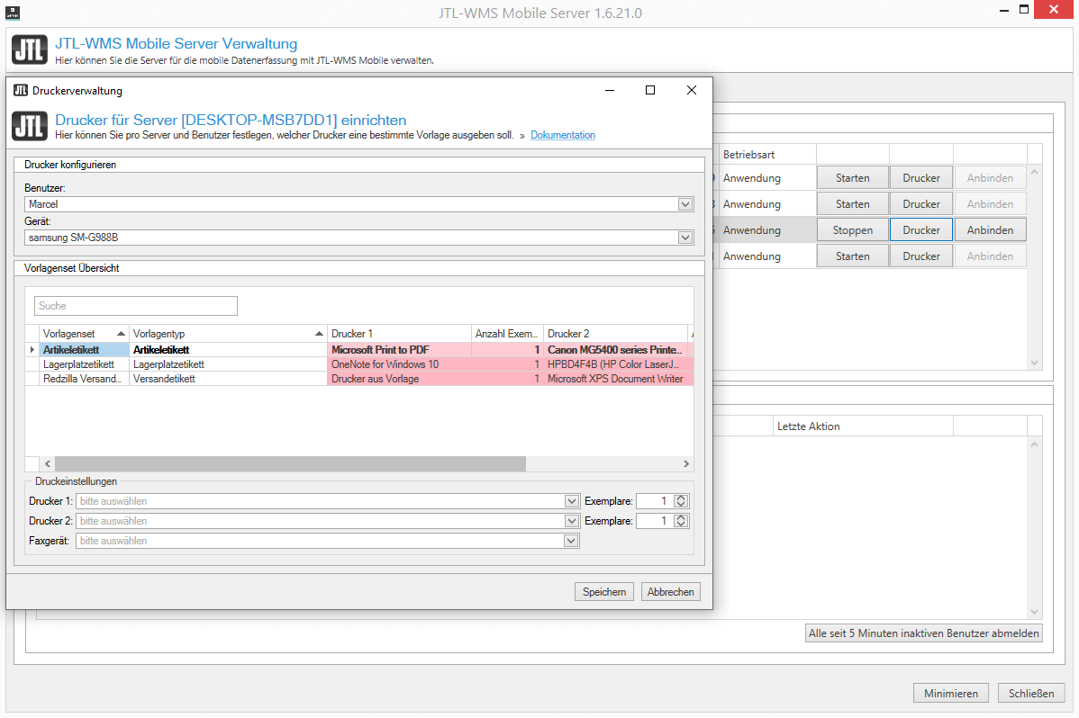 JTL-WMS-Mobile Server Verwaltung: Drucker für Server einrichten