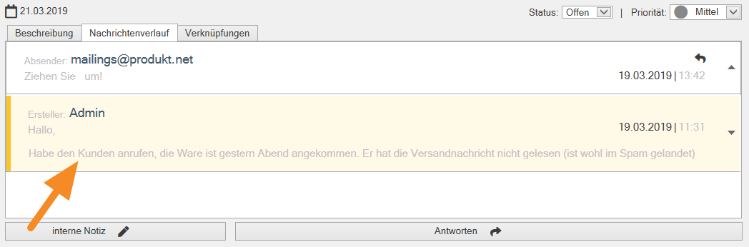 Screenshot des Ticketsverlaufs