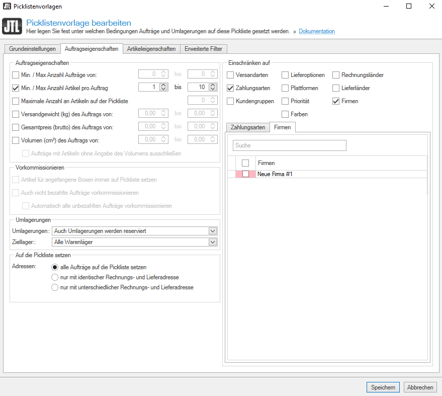 Picklistenvorlagen bearbeiten - Auftragseigenschaften in JTL-Wawi 1.6