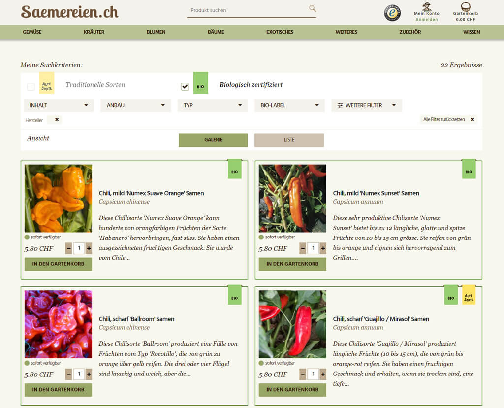 Such- und Filterfunktionen bei Saemereien