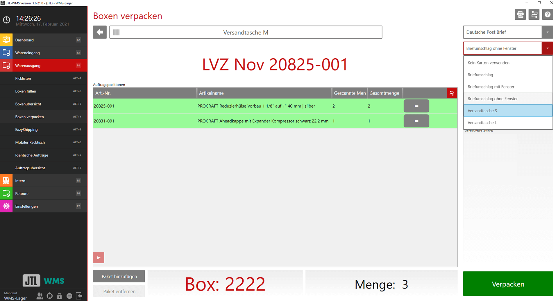 Versandart Karton auswaehlen
