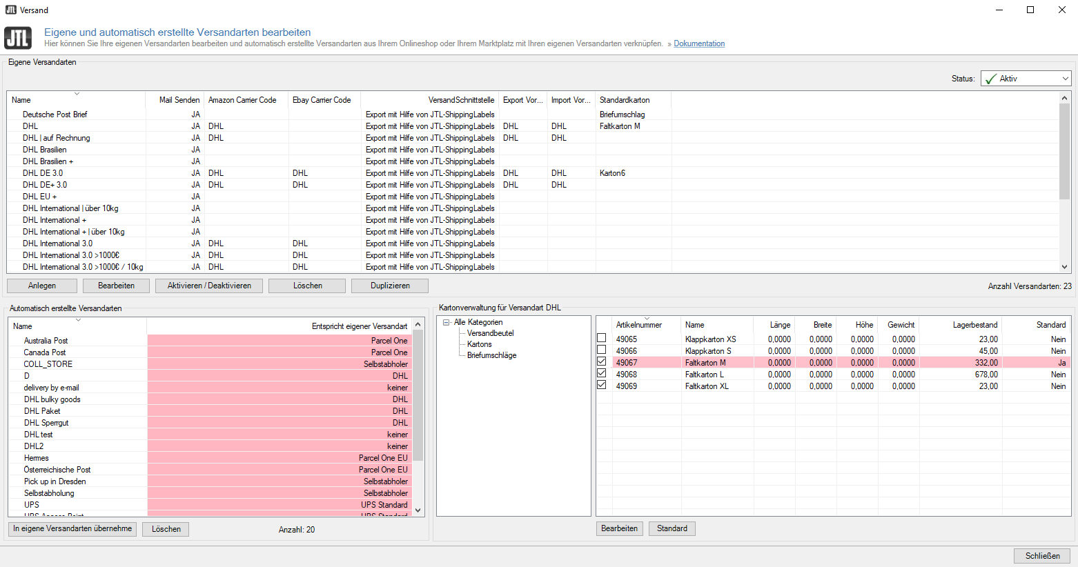 Versandarten JTL-Wawi