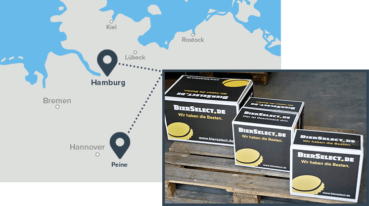 verteilte Standorte von Bierselect in Hamburg und Peine