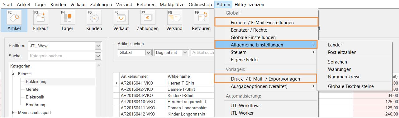 Vorlagenverwaltung Allgemein & Firmeneinstellungen in JTL-Wawi
