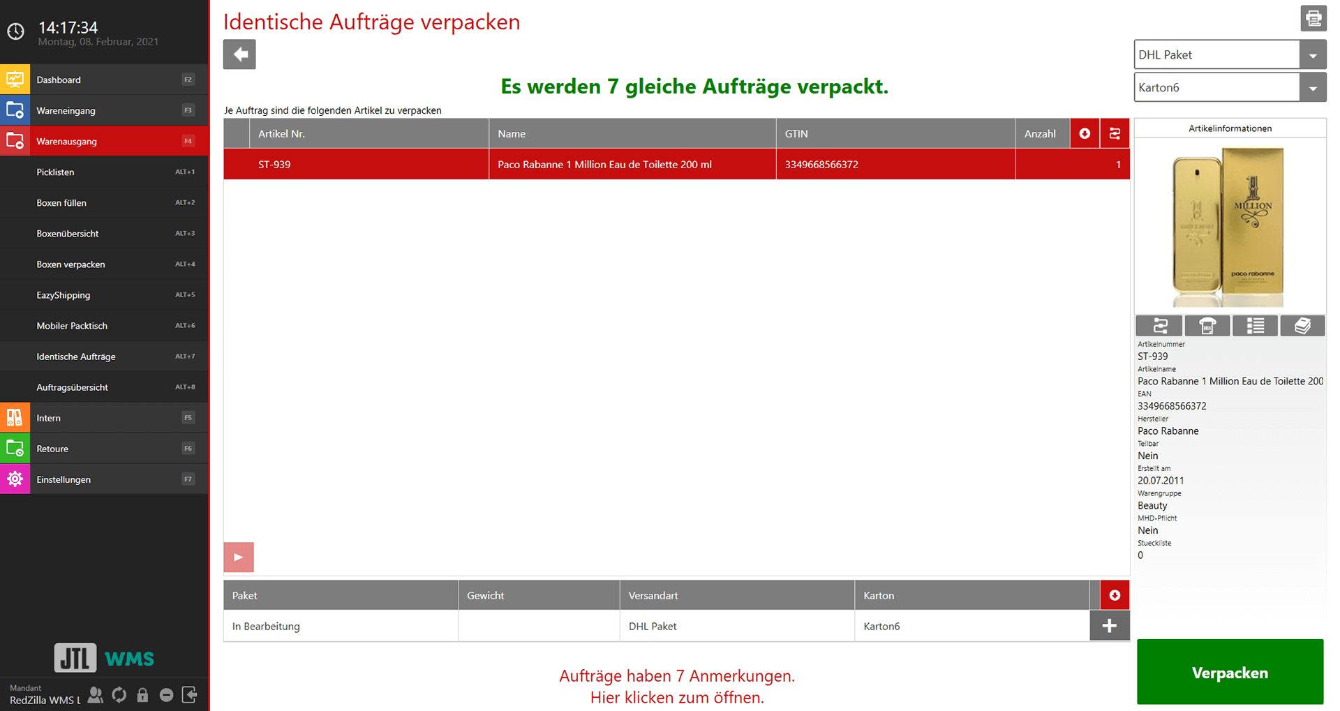 Warenausgang Identische Auftraege verpacken
