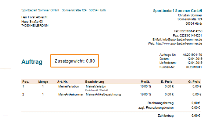 Zusatzgewicht im Layout