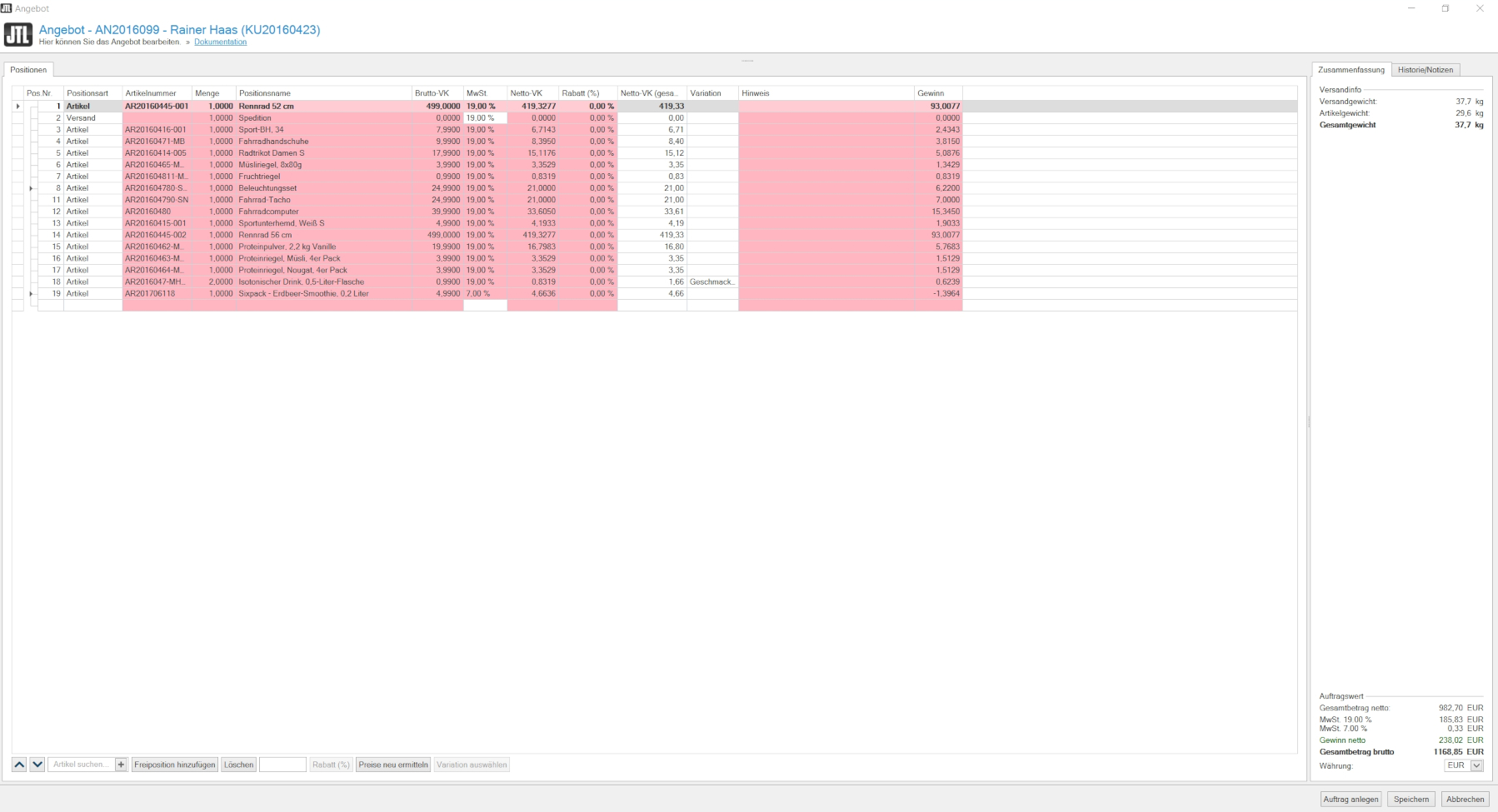 JTL-Wawi 1.6.: Ansicht der Angebotsdetails