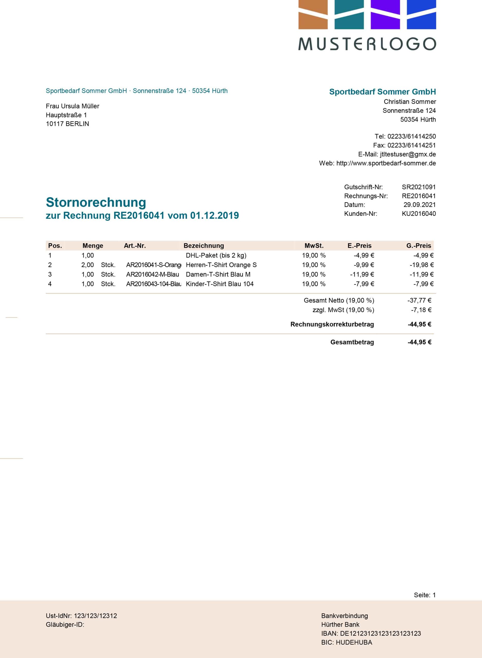 JTL-Wawi 1.6 Stornobeleg