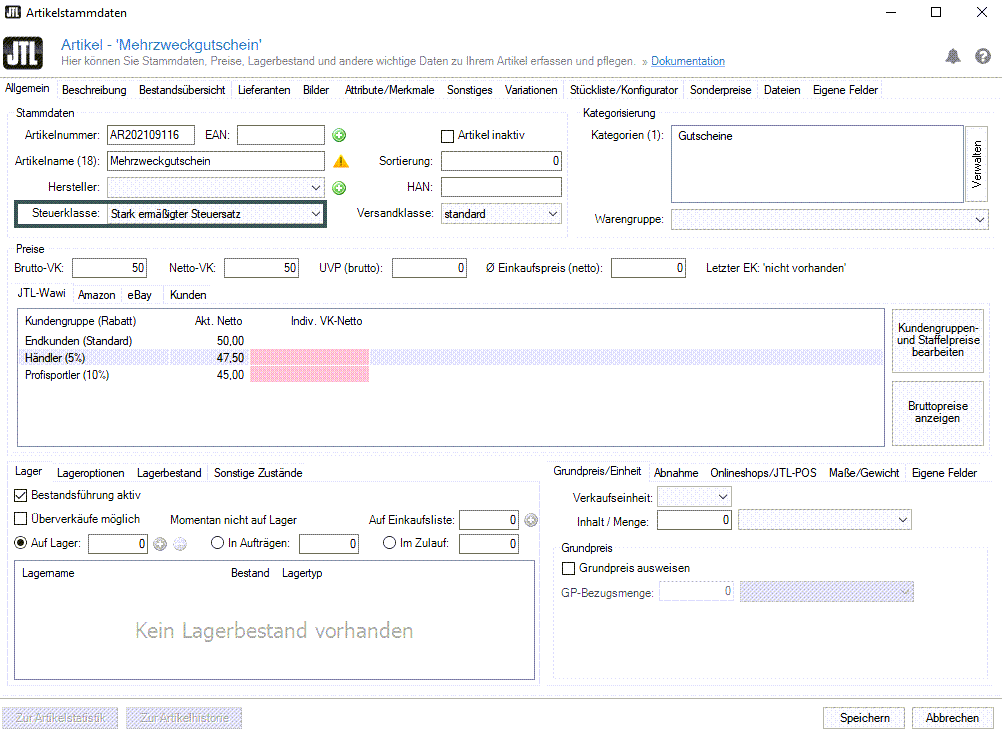 JTL-Vouchers: Artikelstammdaten Mehrzweckgutschein
