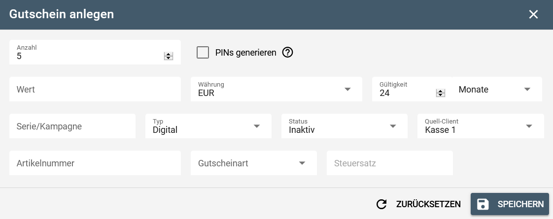JTL-Vouchers: Screenshot Gutscheinserie anlegen