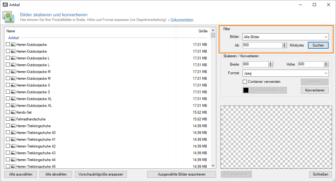 JTL-Wawi: Screenshot Produktfotos skalieren