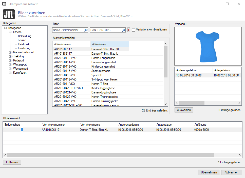JTL-Wawi: Screenshot Produktfotos importieren