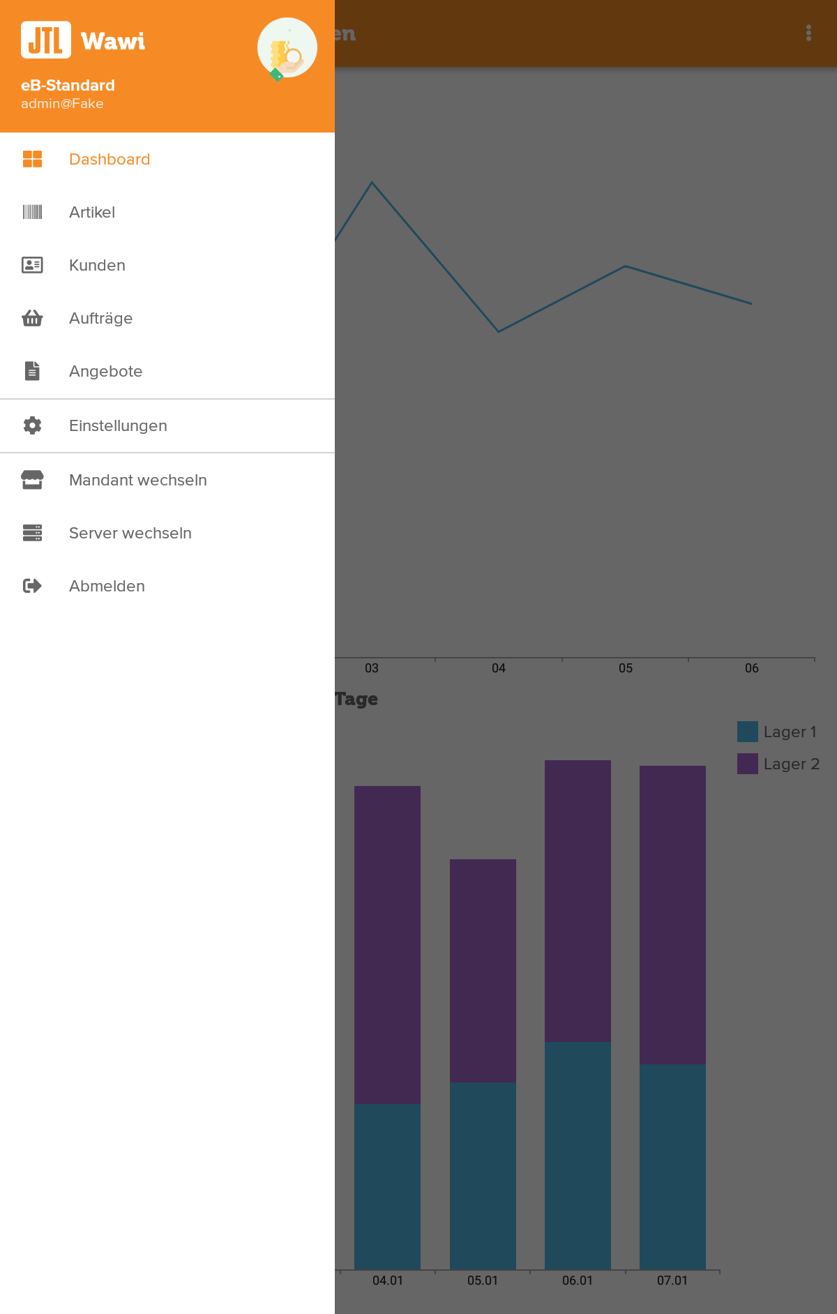 JTL-Wawi-App Screenshot Burgermenü