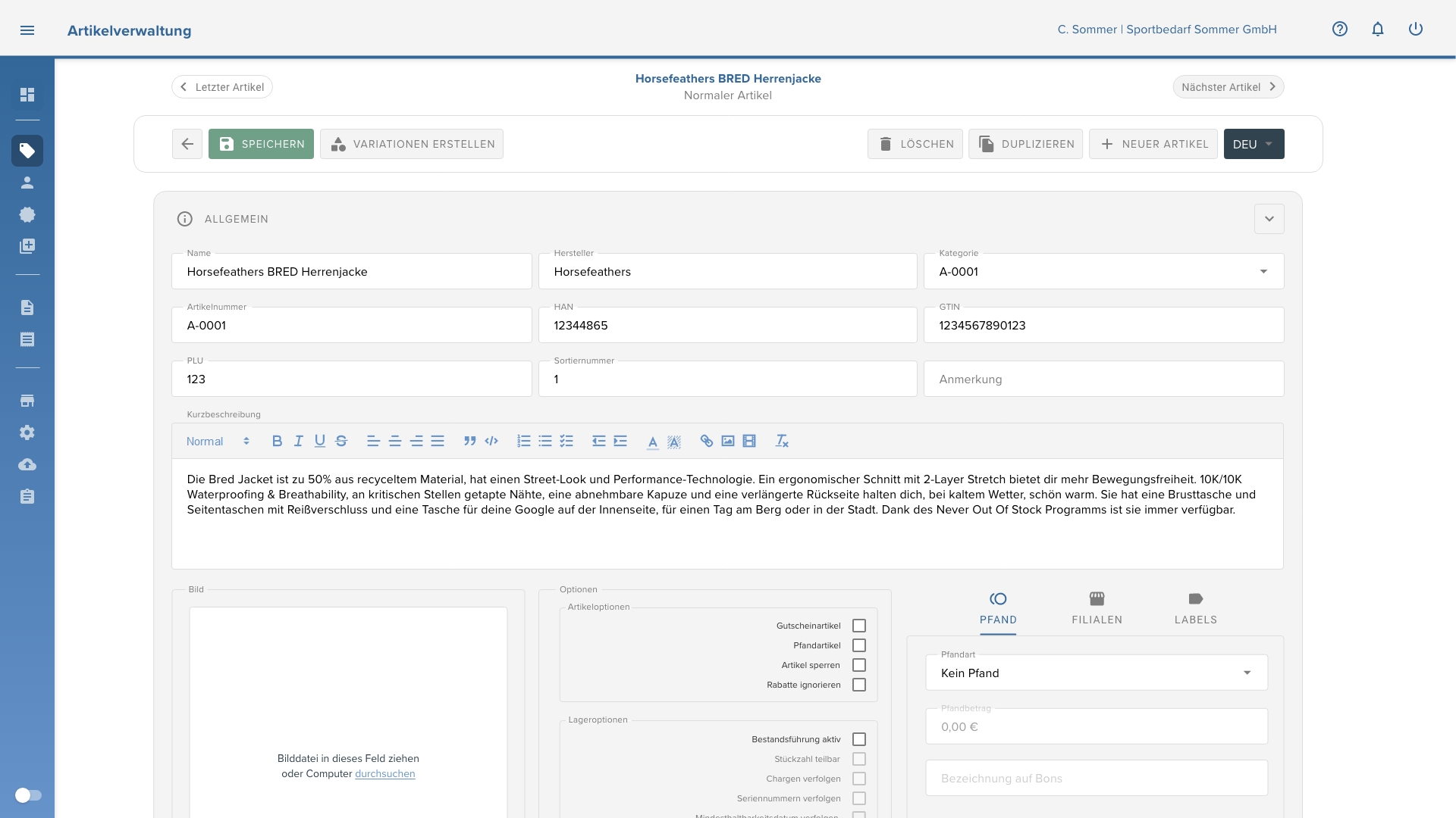 Artikelverwaltung im POSWebmanager
