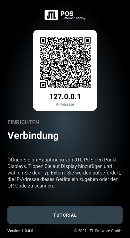 Verbinden Sie JTL-POS und JTL-POS CustomerDisplay mit QR-Code für IP-Adresse.