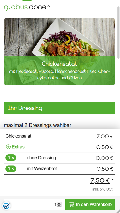 Oberfläche für Onlinebestellungen bei Globus Döner für Chickensalat und Dressings