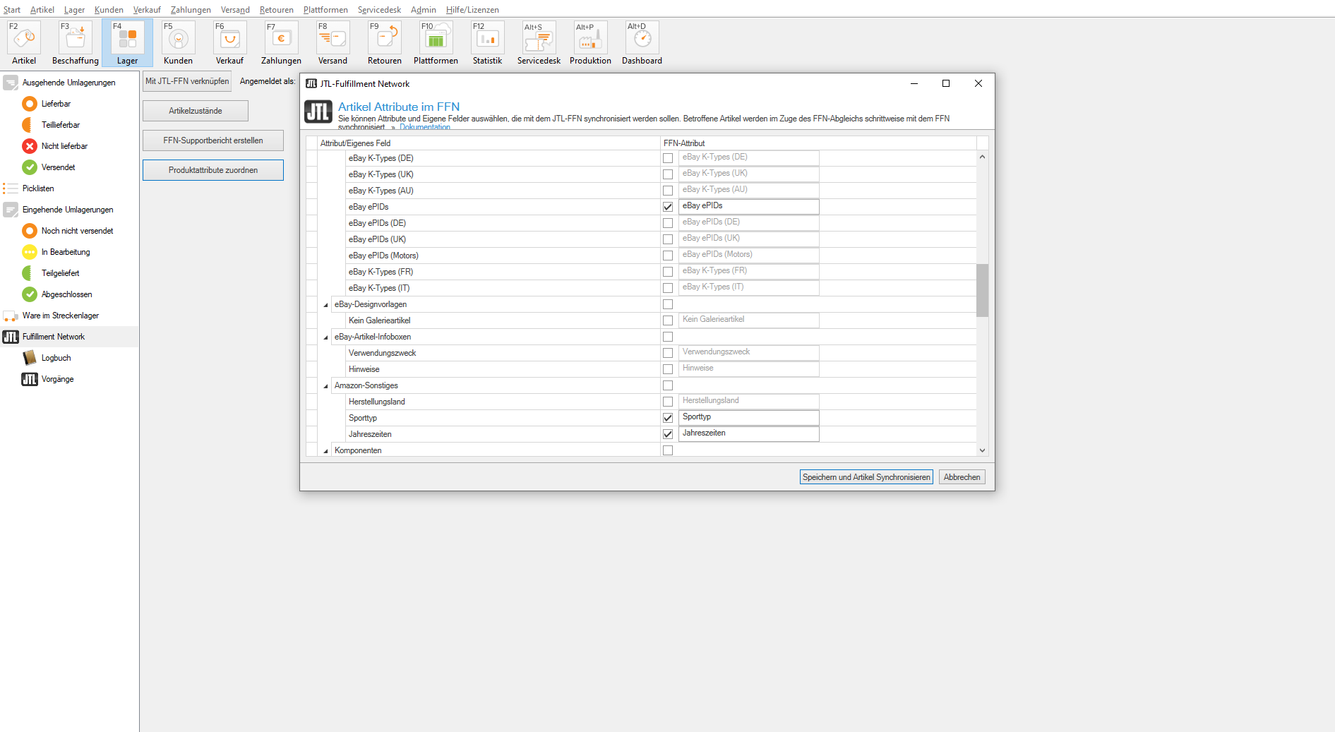 JTL-Fulfillment Network Artikel Attribute