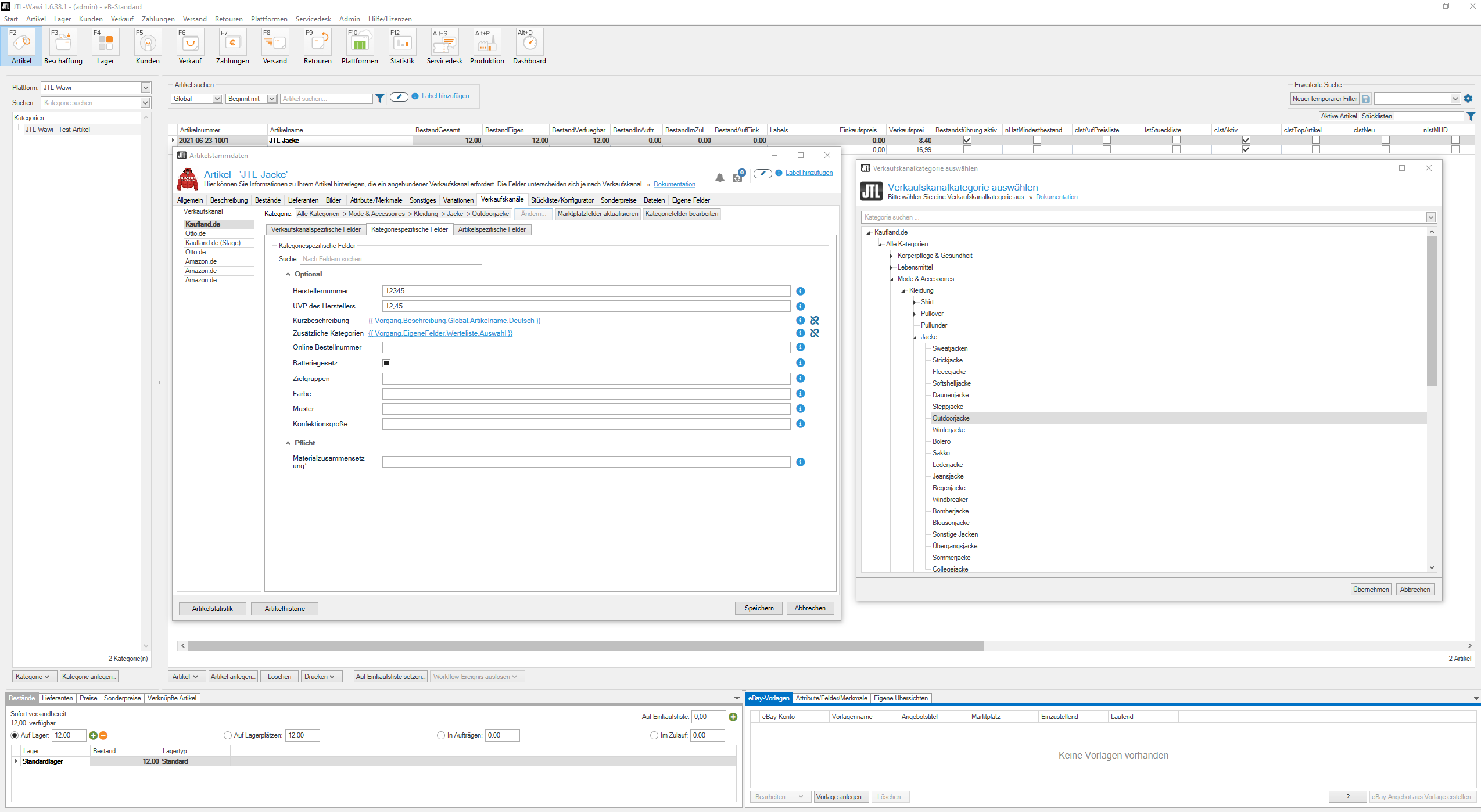 JTL-Wawi 1.6 Artikelstammdaten Und Verkaufskanalkategorie Kategoriespezifische Felder
