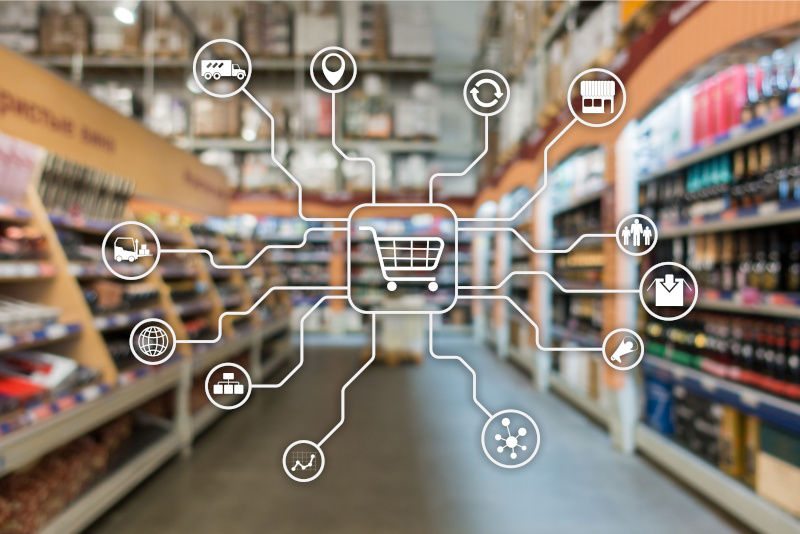Omnichannel-Grafik mit Store im Hintergrund