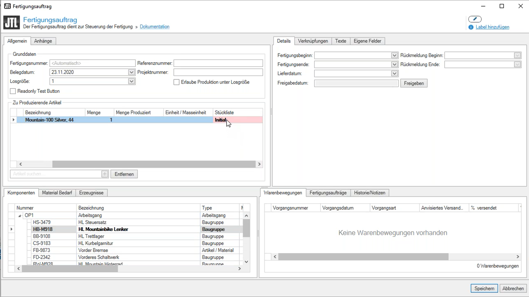 JTL-Plan&Produce: Ansicht des Fertigungsauftrags