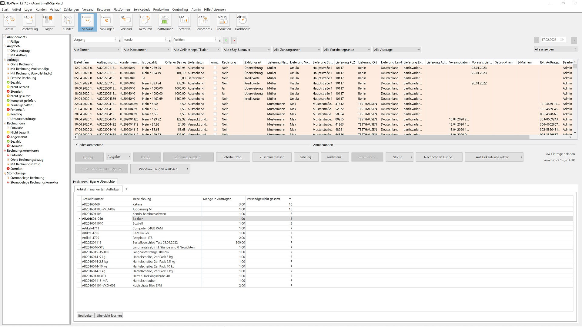 Release JTL-Wawi 1.7 - In den eigenen Übersichten der Warenwirtschaft werden mehrere markierte Aufträge angezeigt.