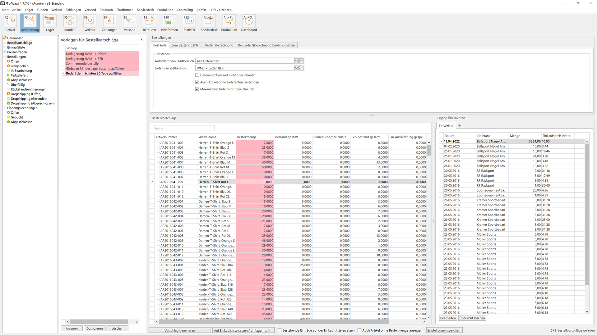 Release JTL-Wawi 1.7 - Vorlage im Bestellvorschlag „Bedarf der nächsten 30 Tage auffüllen“.