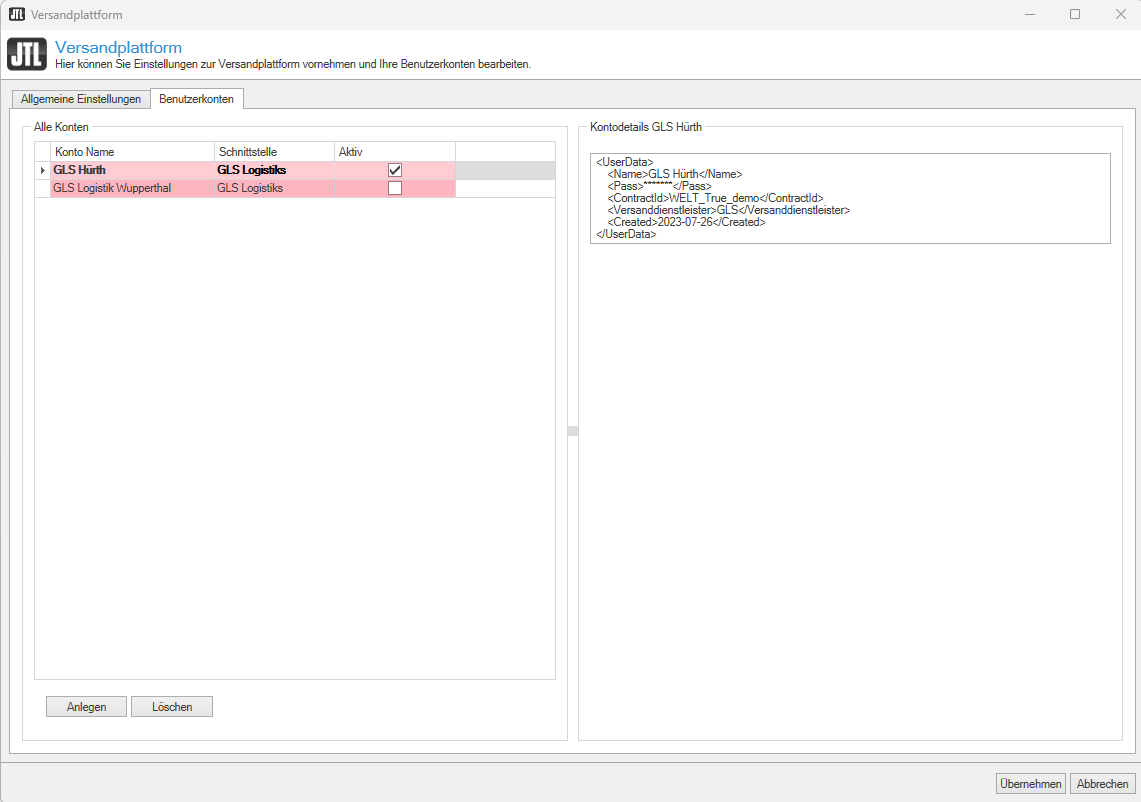 Versandsplattform JTL-Shipping Benutzerkonfiguration