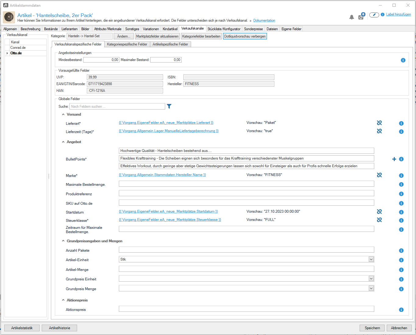 Artikeldetails Verkaufskanäle