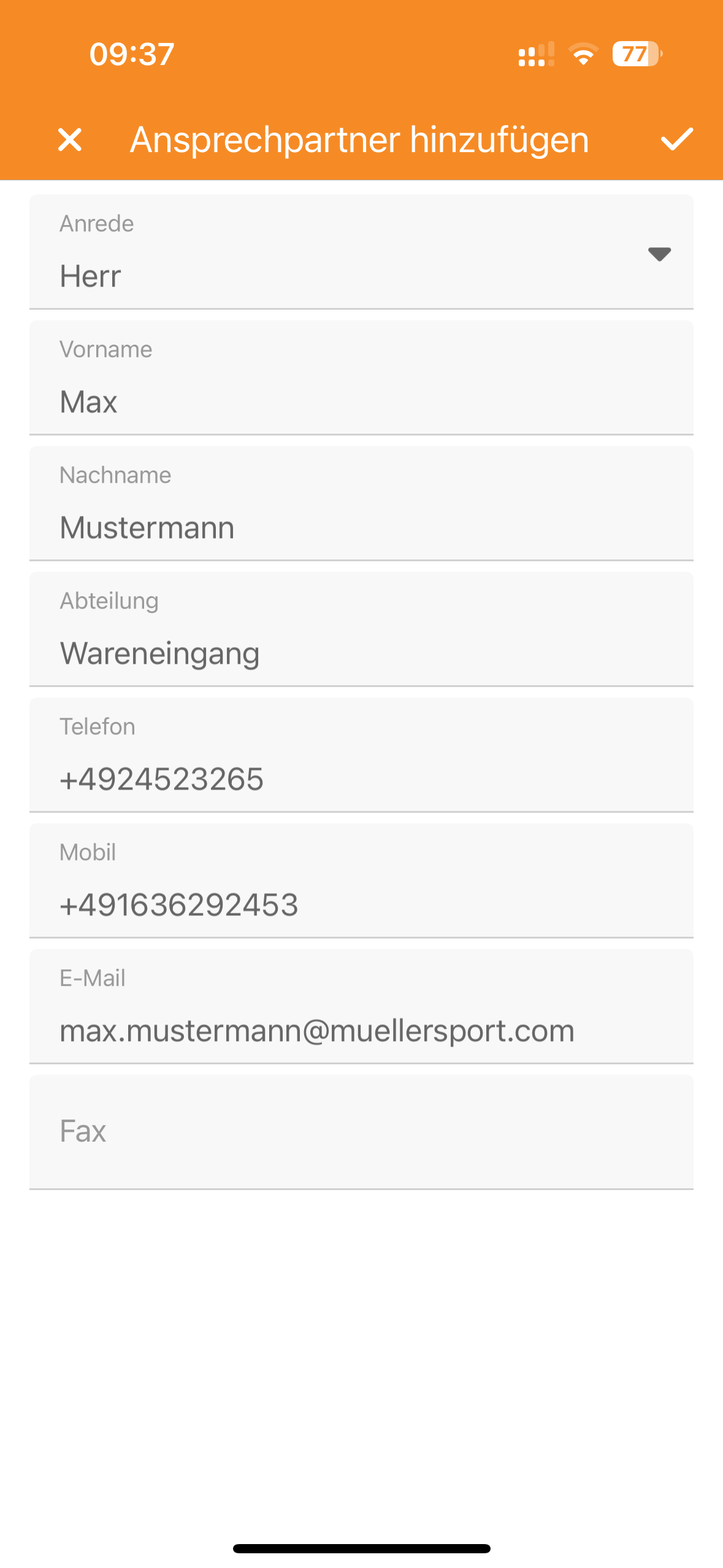 Ansprechpartner können direkt über die Eingabemaske der JTL-Wawi App hinzugefügt werden.