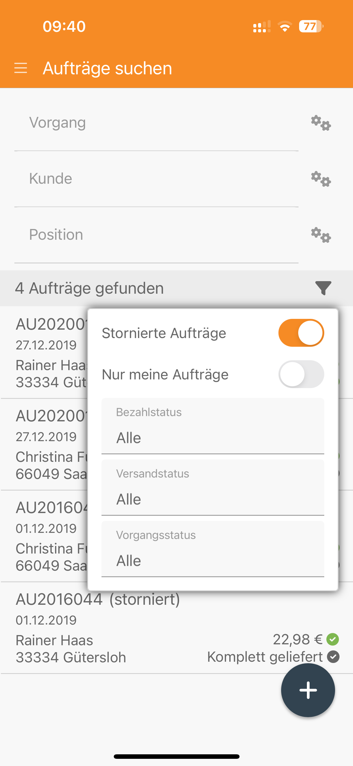 Stornierte Aufträge werden in der Auftragsübersicht ausgewiesen.