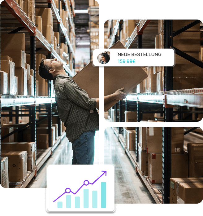 Mann steht mit Karton im Lager und schaut sich die Regale an