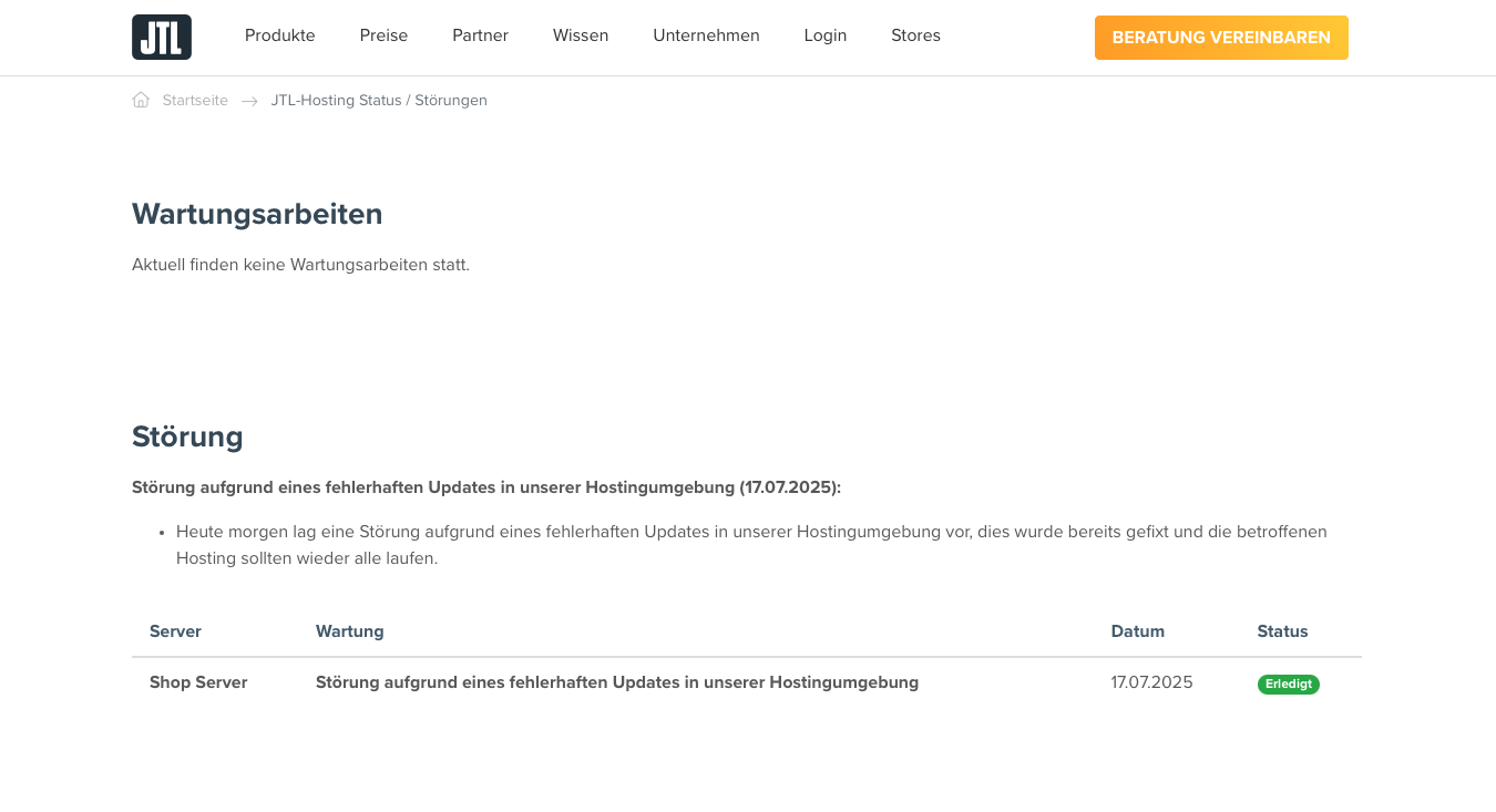 Screenshot Störungen Hosting