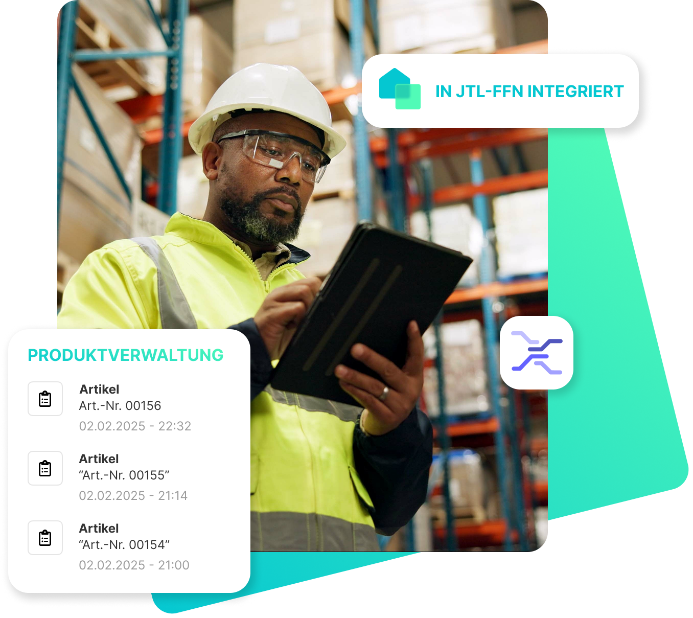 Ein Mann mit Schutzhelm, Schutzbrille und gelber Warnweste arbeitet mit einem Tablet in einem Lager voller Regale und Kartons. Eingeblendeter Text oben rechts: „IN JTL-FFN INTEGRIERT“. Unten links eine grafische Übersicht mit der Überschrift „PRODUKTVERWALTUNG“ und drei Artikeln mit Nummern und Zeitstempeln.