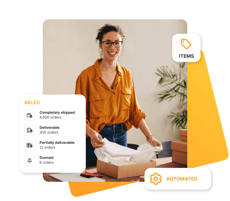 A woman with curly hair and glasses stands smiling at a table, packing a product into a shipping box. She is wearing an orange blouse and jeans. Packaging materials and other boxes are on the table. On the left side of the image, there is a dashboard overlay with the heading ‘Sales’ displaying e-commerce metrics. At the top right is an icon labelled ‘Items,’ and at the bottom right is a note saying ‘Automated’ with a gear icon.