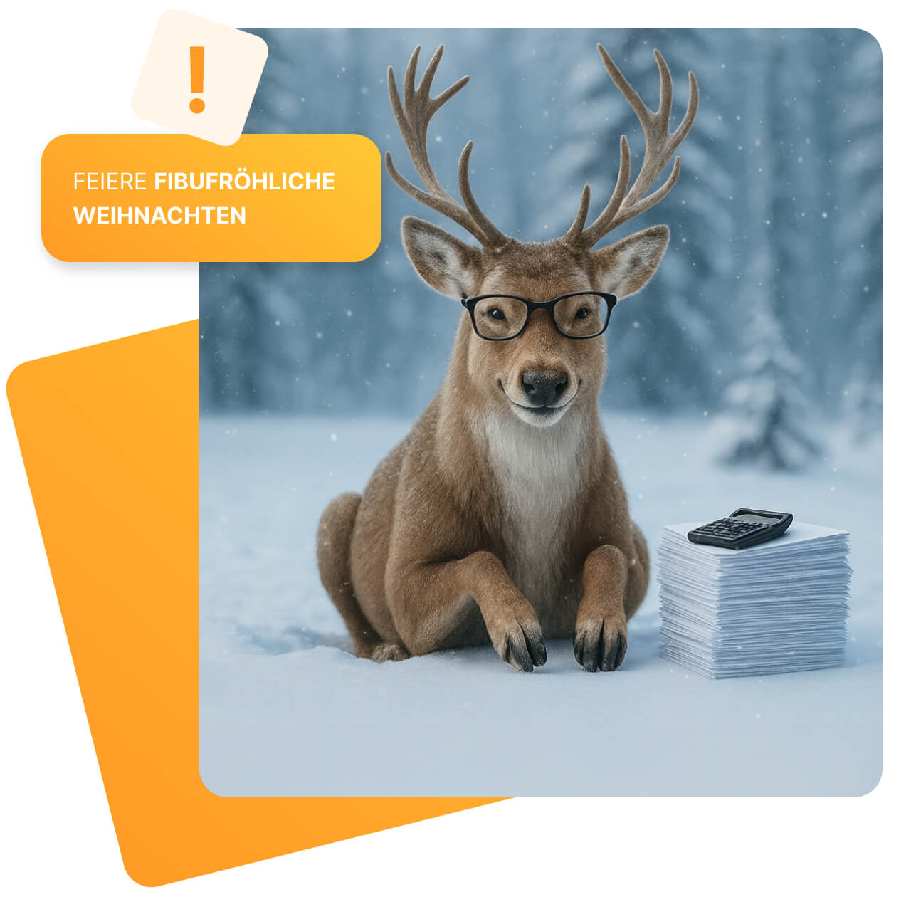 Ein sitzender Hirsch mit schwarzer Brille befindet sich in einer verschneiten Winterlandschaft. Neben ihm liegt ein hoher Papierstapel mit einem Taschenrechner oben drauf. Oben links im Bild steht in einem gelben Kasten: „FEIERE FIBUFRÖHLICHE WEIHNACHTEN“.