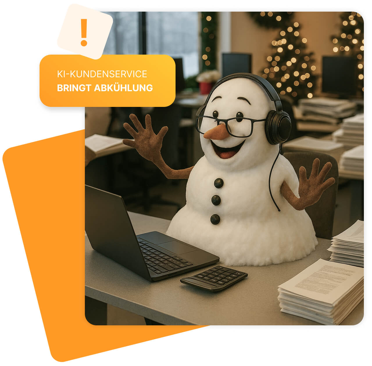 Ein fröhlich lächelnder Schneemann mit Headset und Brille sitzt an einem Schreibtisch im festlich geschmückten Büro. Vor ihm liegen ein Laptop, ein Taschenrechner und Papierstapel. Im Hintergrund stehen Weihnachtsbäume mit Lichtern. Oben links im Bild steht in einem gelben Infokasten: „KI-KUNDENSERVICE BRINGT ABKÜHLUNG“.