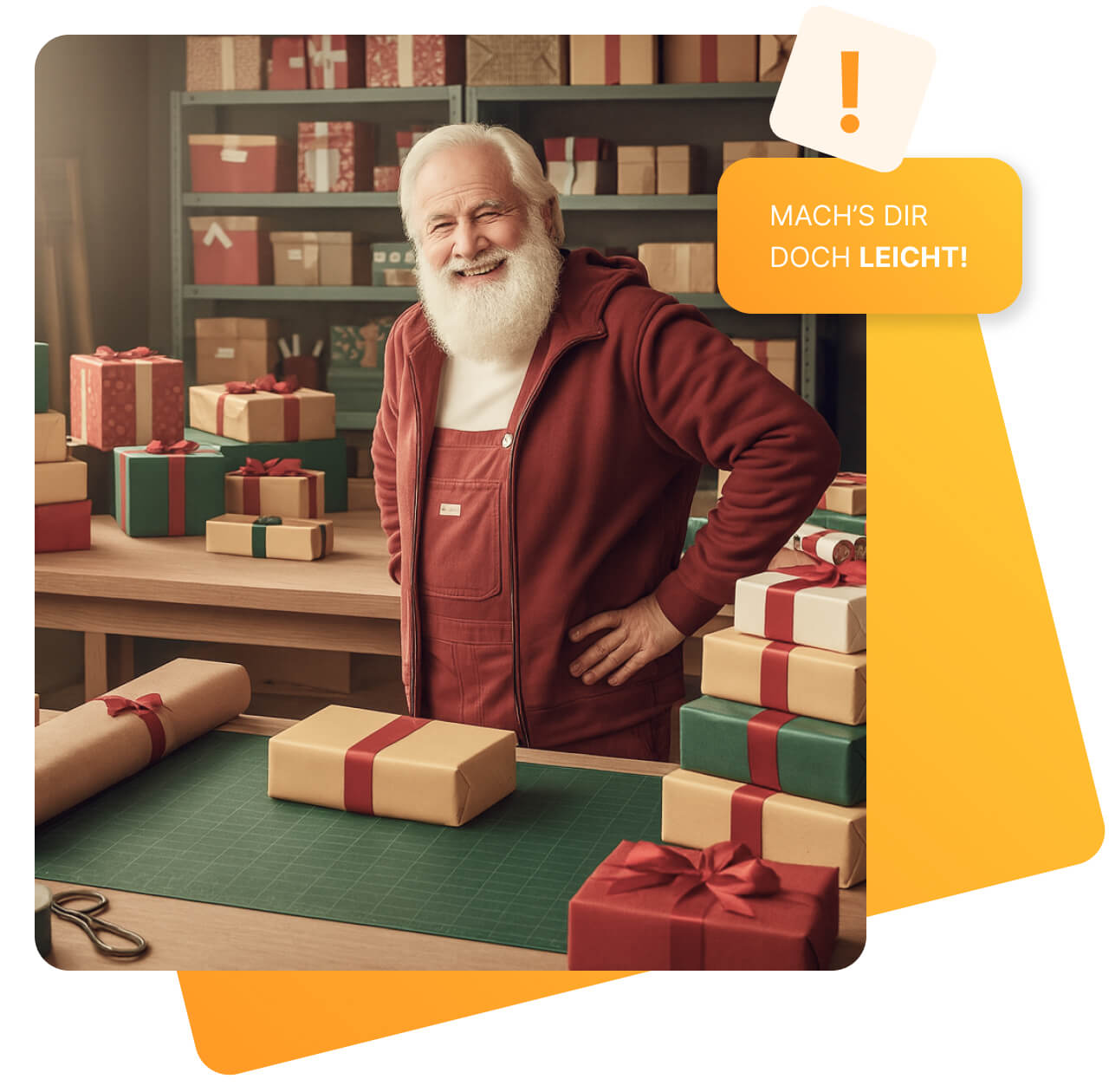 Ein fröhlicher älterer Mann mit weißem Bart, der an den Weihnachtsmann erinnert, steht in einer Werkstatt zwischen ordentlich verpackten Geschenken. Er trägt einen roten Overall und eine passende Jacke. Auf dem Tisch liegt Geschenkpapier, eine Schere und mehrere Päckchen. Oben links steht in einem gelben Kasten: „MACH’S DIR DOCH LEICHT!“.