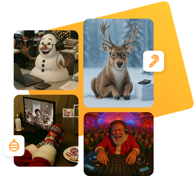 Collage aus vier weihnachtlich gestalteten Motiven: Oben links: Ein fröhlicher Schneemann mit Brille und Headset sitzt vor einem Laptop, daneben ein Taschenrechner und Papierstapel. Oben rechts: Ein Hirsch mit Brille sitzt im Schnee neben einem großen Stapel Papier mit Taschenrechner. Unten links: Weihnachtsmannbeine mit Rentierhausschuhen ruhen auf einem Schreibtisch, ein Monitor zeigt einen überraschten Jungen, daneben stehen Kekse und Kerze. Unten rechts: Ein lachender Weihnachtsmann mit Kopfhörern steht als DJ an einem Mischpult, im Hintergrund eine feiernde Menschenmenge. Jede Szene enthält festliche Details und humorvolle Bezüge zur Büro- und Weihnachtswelt.