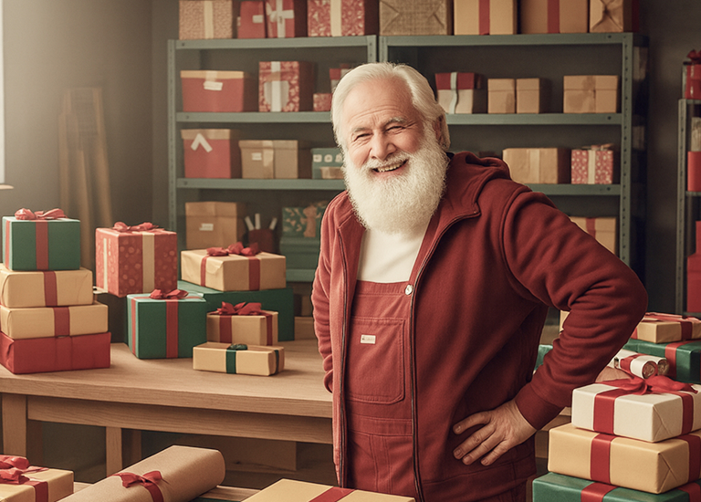 Ein fröhlicher älterer Mann mit weißem Bart, gekleidet in einen roten Overall und eine passende Kapuzenjacke, steht lächelnd in einer festlich dekorierten Werkstatt. Um ihn herum stapeln sich sorgfältig verpackte Geschenke in Rot, Grün und Gold auf Tischen und Regalen. Die Szene strahlt weihnachtliche Vorfreude und gemütliche Arbeitsatmosphäre aus.