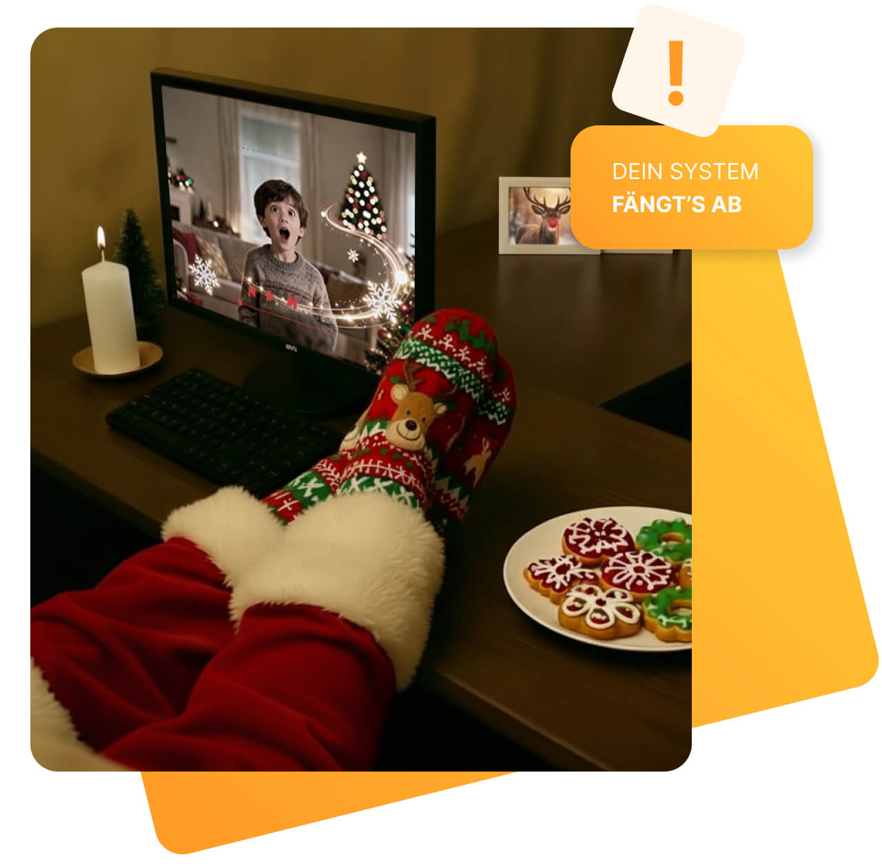 Eine Person in Weihnachtsmannkleidung mit Rentier-Hausschuhen hat die Füße entspannt auf einem Schreibtisch hochgelegt und schaut auf einen Monitor, auf dem ein überrascht dreinblickender Junge vor einem Weihnachtsbaum zu sehen ist. Auf dem Schreibtisch stehen eine Kerze, ein Teller mit bunten Weihnachtsplätzchen und eingerahmte Fotos. Oben links steht in einem gelben Kasten: „DEIN SYSTEM FÄNGT’S AB“.