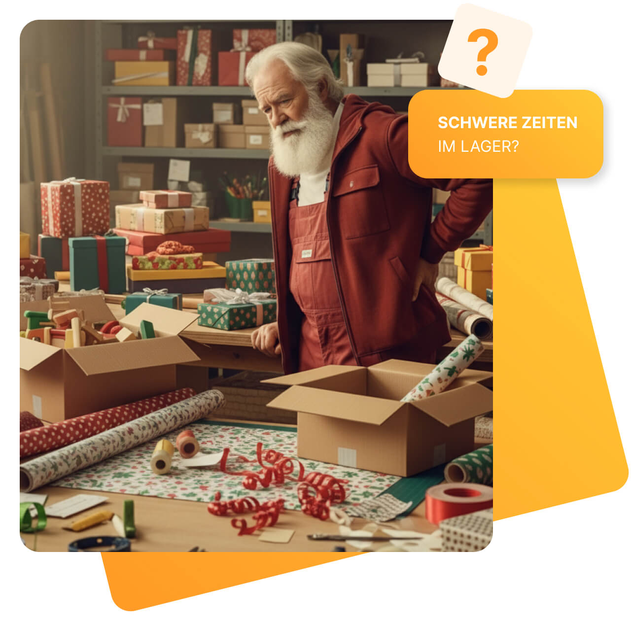 Ein erschöpft wirkender Weihnachtsmann steht in einer Werkstatt vor einem chaotischen Tisch mit offenen Kartons, Geschenkpapierrollen, Schleifen und verpackten Geschenken. Im Hintergrund sind Regale mit weiteren Päckchen und Materialien. Oben links steht in einem gelben Kasten: „SCHWERE ZEITEN IM LAGER?“.