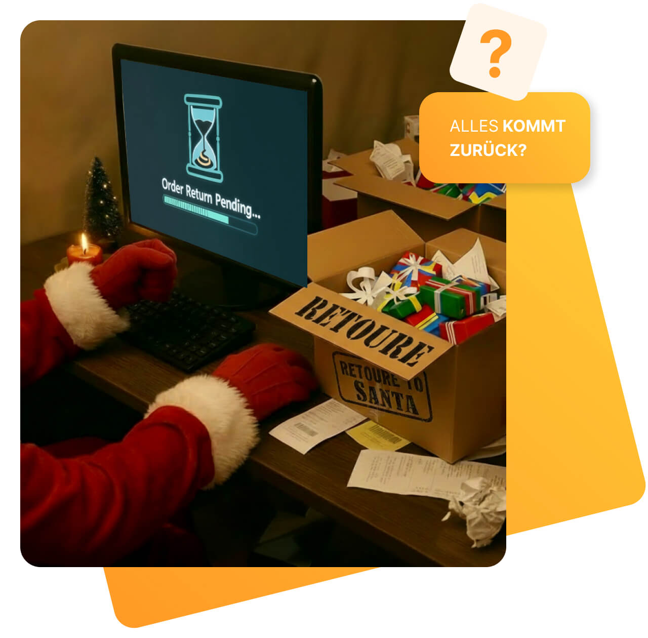 Eine Person in Weihnachtsmannkleidung sitzt vor einem Computerbildschirm, auf dem der Text „Order Return Pending…“ mit einem Ladebalken angezeigt wird. Auf dem Schreibtisch steht ein überfüllter Karton mit Geschenken und der Aufschrift „RETOURE – RETOUR TO SANTA“. Um den Tisch liegen Quittungen und Rücksendescheine. Oben links steht in einem gelben Kasten: „ALLES KOMMT ZURÜCK?“.