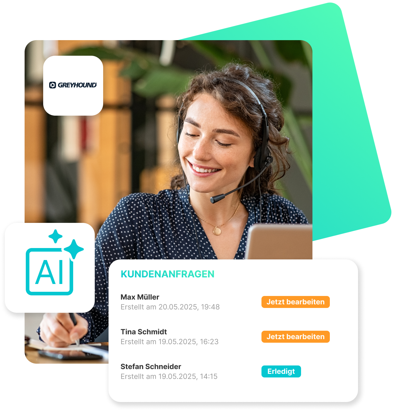 Eine freundlich lächelnde Frau mit Headset sitzt an einem Arbeitsplatz und arbeitet an einem Laptop. Neben ihr ist eine grafische Benutzeroberfläche eingeblendet, die eine Übersicht über Kundenanfragen zeigt – mit Namen, Erstellungsdatum und Bearbeitungsstatus. Symbole für künstliche Intelligenz (AI) und das Logo von GREYHOUND deuten auf einen digitalen Kundenservice oder Supportprozess hin.