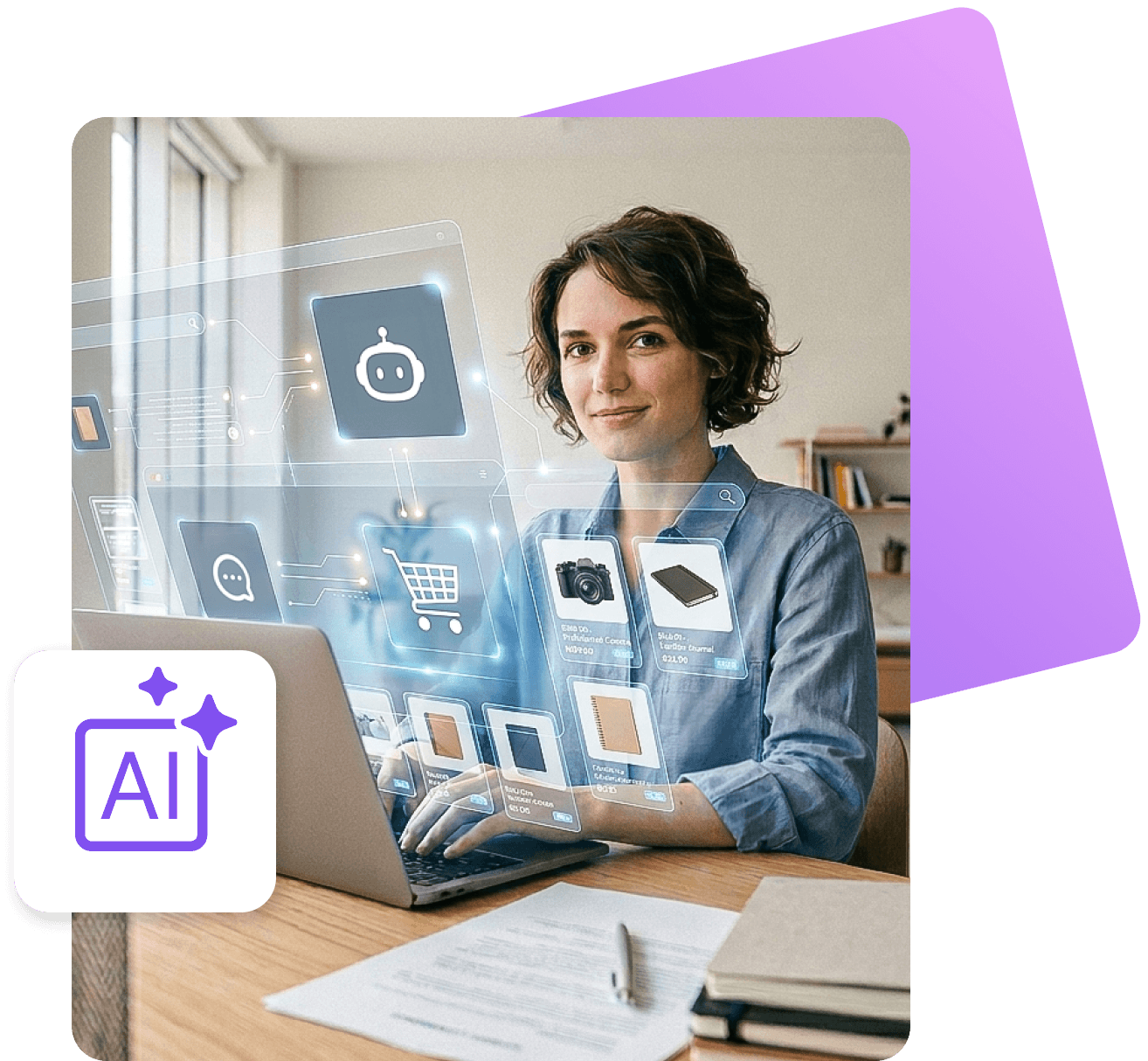 Eine Frau sitzt an einem Schreibtisch und arbeitet an einem Laptop. Vor ihr sind transparente, futuristische Interface-Elemente eingeblendet, die auf KI-gestützte Funktionen hinweisen. Zu sehen sind u. a. ein Chatbot-Symbol, ein Warenkorb, Produktkarten (z. B. Kamera, Notizbuch), Such- und Kommunikationsicons. Links unten ist ein „AI“-Icon mit Sternsymbol dargestellt.
