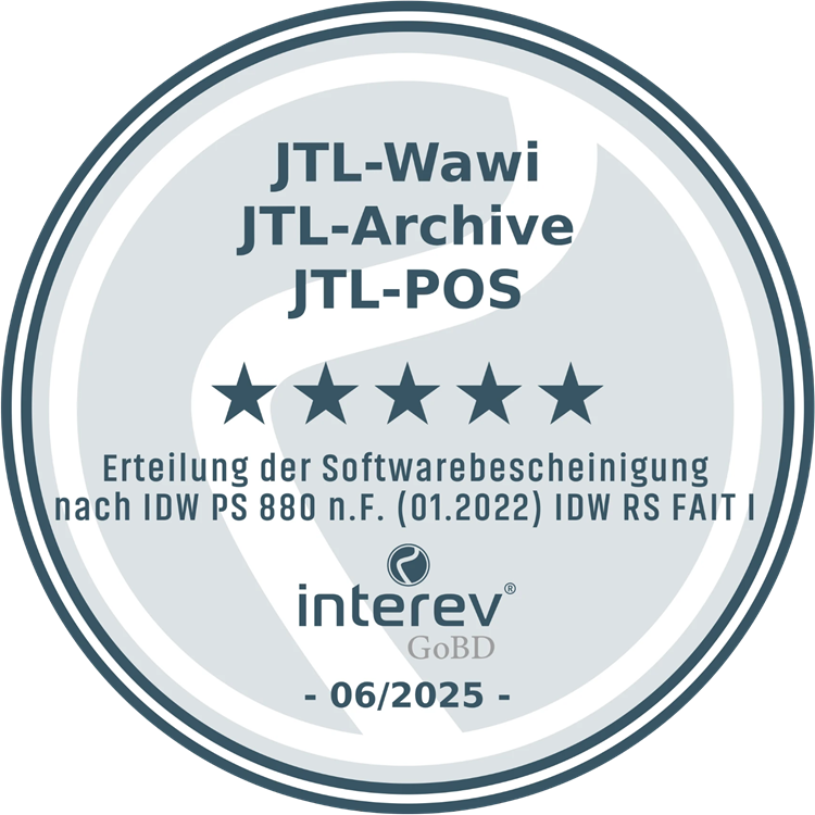 Siegel: JTL-Wawi, JTL-Archive und JTL-POS sind von iterev GoBD-zertifiziert