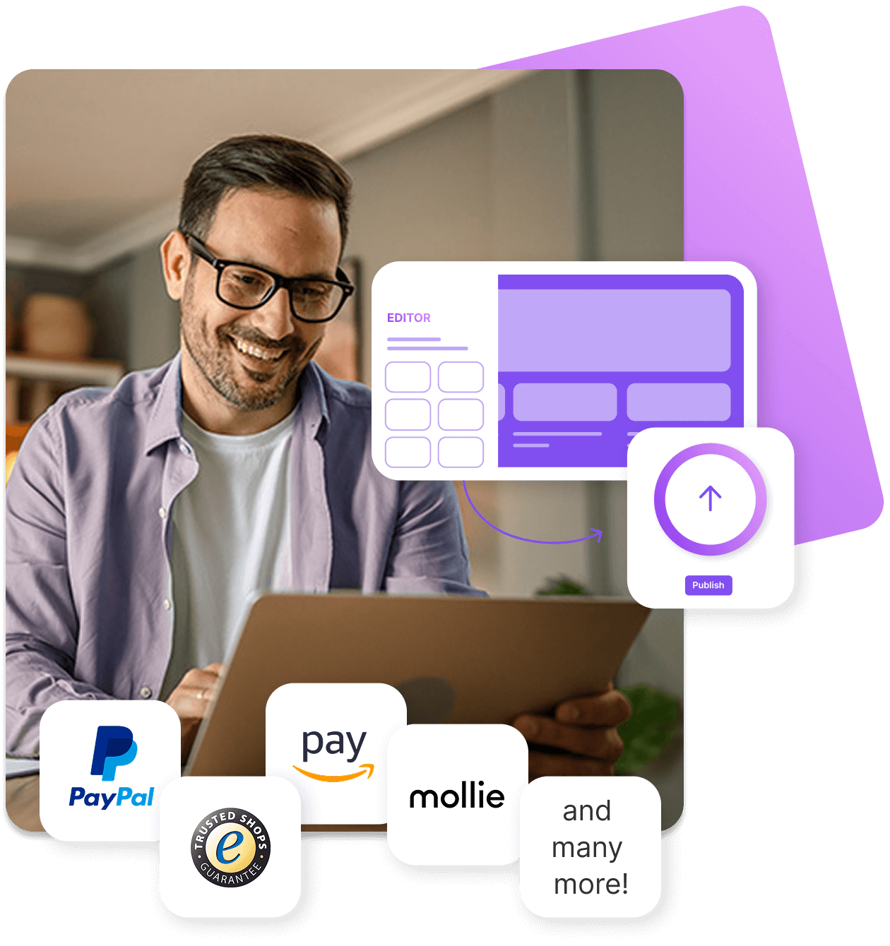 A man wearing glasses smiles while working on a tablet. Graphic elements are superimposed over the image, depicting a website editor (‘Editor’) with various layout blocks. Next to it is a button with an upload symbol and the word ‘Publish’, indicating the publication of content. The lower section shows logos of various payment providers and seals of approval, including PayPal, Amazon Pay (‘pay’), Mollie, the Trusted Shops seal and the note ‘and many more!’. The image conveys the idea of a user-friendly shop or website system with an integrated editor and numerous payment and integration options.