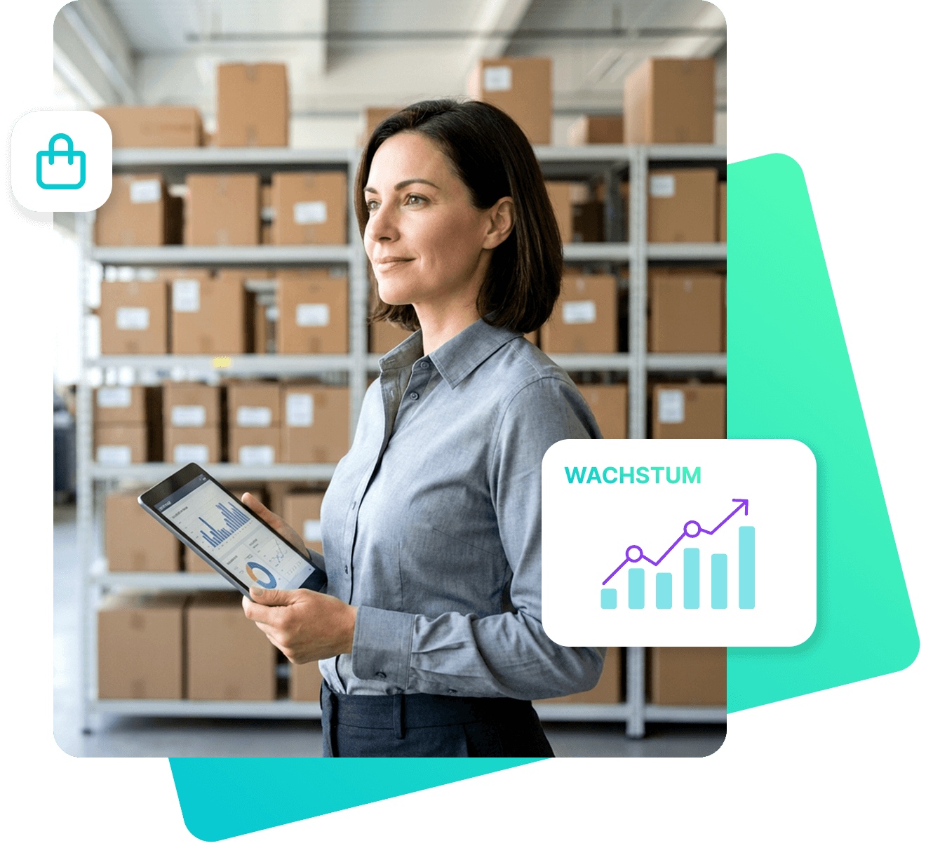 Eine Frau hält ein Tablet und blickt seitlich nach vorne, während sie in einem Lager mit Regalen voller Kartons steht. Auf dem Tablet sind Diagramme sichtbar. Eingeblendet ist der Text „WACHSTUM“ mit einem steigenden Balkendiagramm.