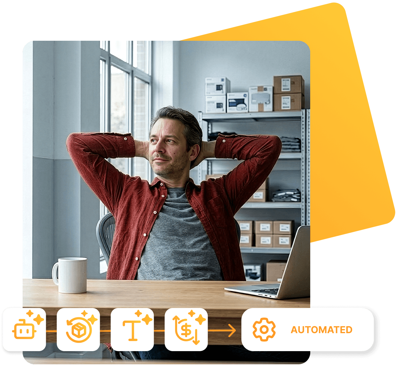A man is sitting relaxed at a desk in a warehouse office, leaning back and clasping his hands behind his head. A laptop is in front of him, and shelves filled with boxes can be seen in the background. His posture and expression convey a sense of calm and contentment. Several icons representing automated processes are superimposed over the image, including a robot (automation/AI), a ‘T’ symbol (content/text), a parcel with a circular arrow (logistics/order processing) and a dollar sign with arrows (price or revenue optimisation). At the bottom right is the word ‘Automated’ with a cogwheel symbol.