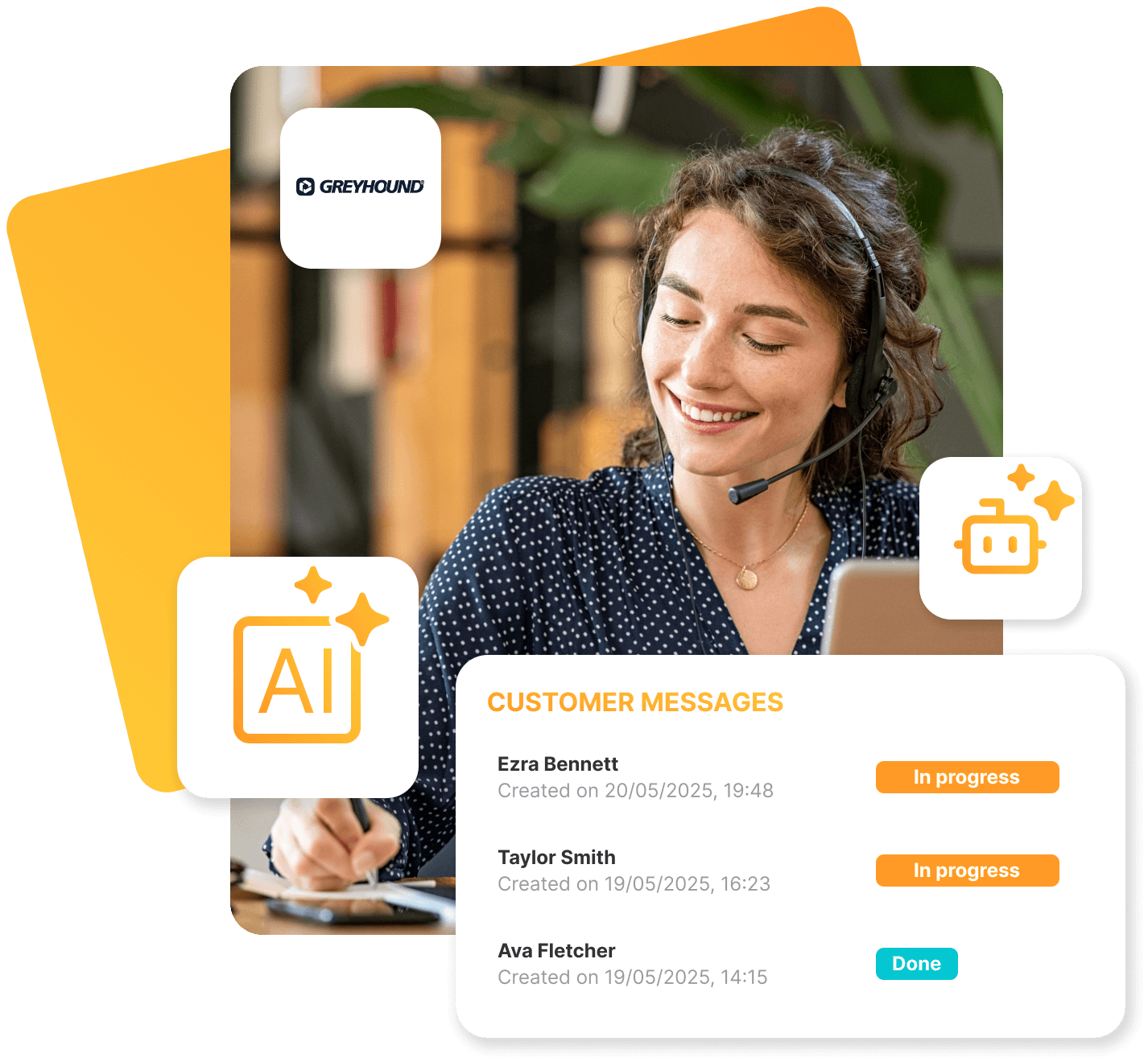 A woman wearing a headset smiles and types on a tablet whilst handling customer enquiries; office setting. Visible text: “GREYHOUND”, “CUSTOMER MESSAGES”, “Ezra Bennett Created on 20 May 2025, 19:48 In progress”, “Taylor Smith Created on 19 May 2025, 16:23 In Progress”, “Ava Fletcher Created on 19 May 2025, 14:15 Done”, “AI”.